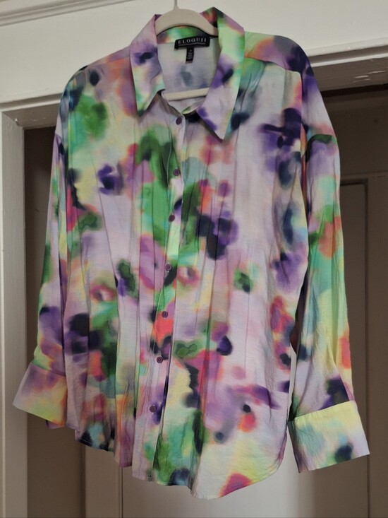 Eloquii Tops - Eloquii Pastel Watercolor Floral Blouse in Purple, Green, Pink